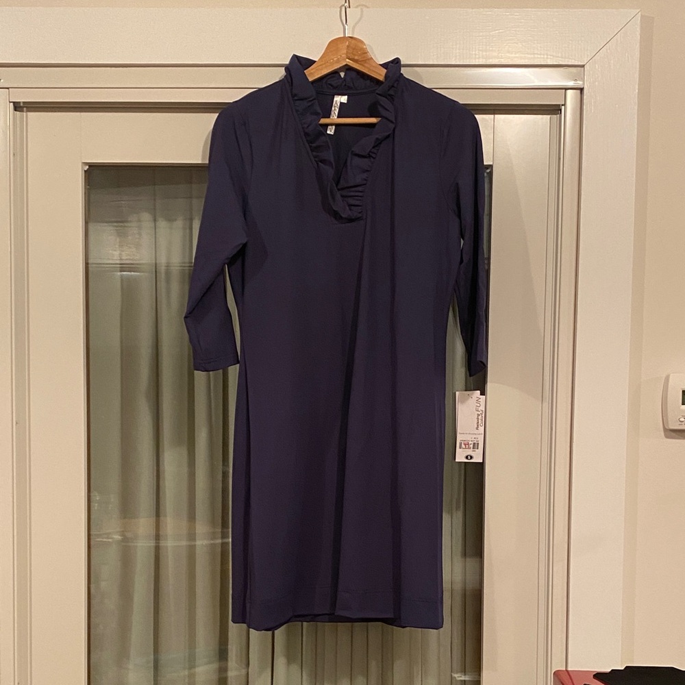 Lulu-B Navy Long Sleeve Ruffle V-Neck Dress